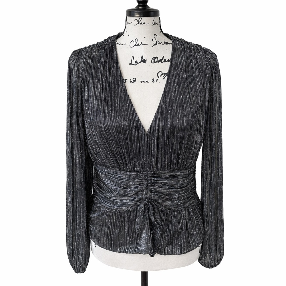 V- NECK- CINCHING AT WAIST- Black & SILVER Metallic Long Sleeve Blouse. XL - Picture 3 of 11